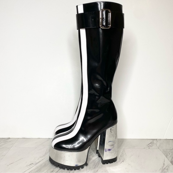 Jeffrey Campbell Shoes - Jeffrey Campbell Matrixing Black White Silver Patent Platform Tall Boot 8